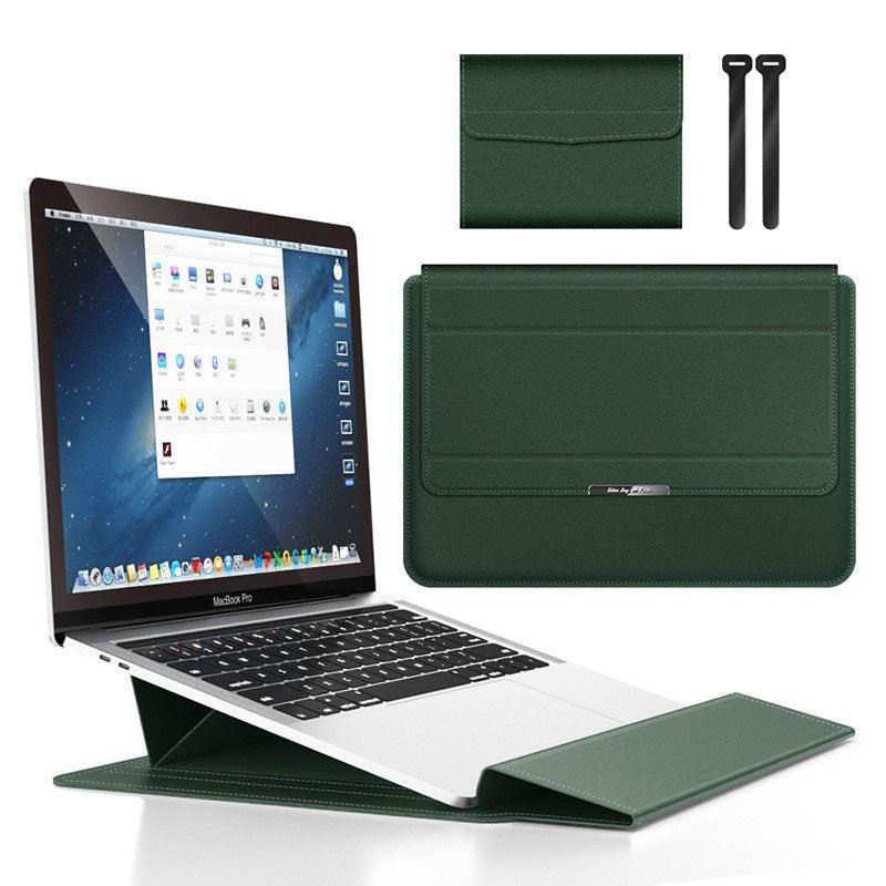 Dark green 3-in-1 Laptop Sleeve with Built-In Stand & Wrist Rest â Waterproof PU Protective Case for 15/16 Inch Laptops, Portable and Ergonomic Design.