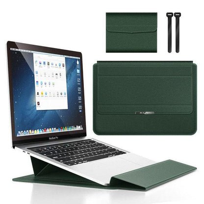 Dark green 3-in-1 Laptop Sleeve with Built-In Stand & Wrist Rest â Waterproof PU Protective Case for 15/16 Inch Laptops, Portable and Ergonomic Design.