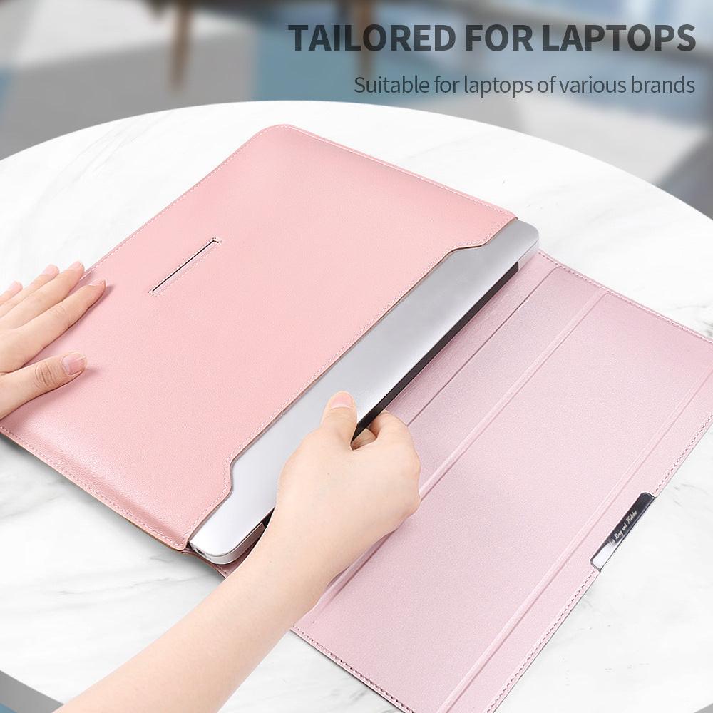 Dark green 3-in-1 Laptop Sleeve with Built-In Stand & Wrist Rest â Waterproof PU Protective Case for 15/16 Inch Laptops, Portable and Ergonomic Design.