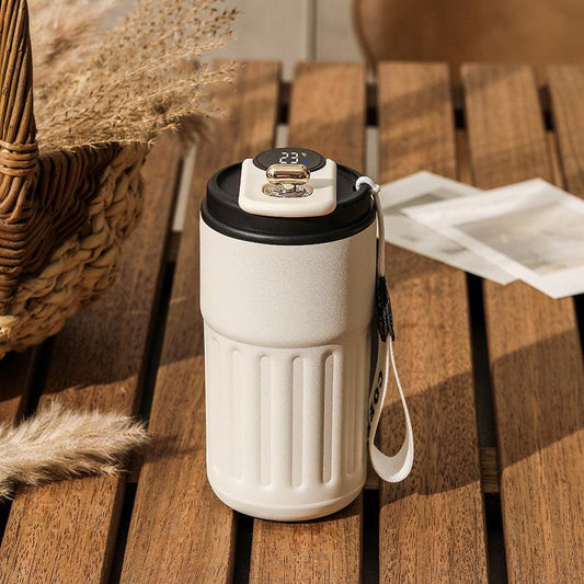 Black Smart Digital Insulated Coffee Mug with 316 Stainless Steel Inner Liner â Vacuum-Sealed Travel Tumbler with Temperature Display, USB-C Rechargeable, Leak-Proof Lid for Hot and Cold Beverages.