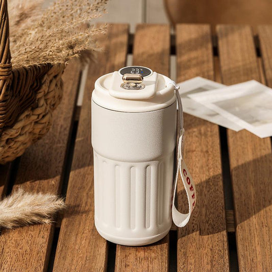 White Smart Digital Insulated Coffee Mug with 316 Stainless Steel Inner Liner â Vacuum-Sealed Travel Tumbler with Temperature Display, USB-C Rechargeable, Leak-Proof Lid for Hot and Cold Beverages.
