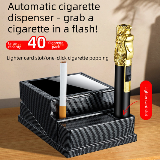 Rosewood grain Automatic Cigarette Box with 40-Slot Capacity – Pop-Out Dispenser for Car and Home Use, ABS Material with Lighter Holder and Carbon Fiber Look Design