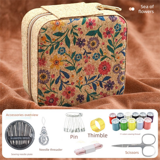 Brown Flower Sea Style Portable Sewing Kit â Compact Travel Set with Needles, Thread, Scissors, Thimble, and Pin Cushion for Home, Dorm, or Emergency Repairs.