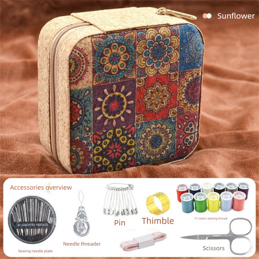 Brown Sunflower Design Portable Sewing Kit â Compact Travel Set with Needles, Thread, Scissors, Thimble, and Pin Cushion for Home, Dorm, or Emergency Repairs.