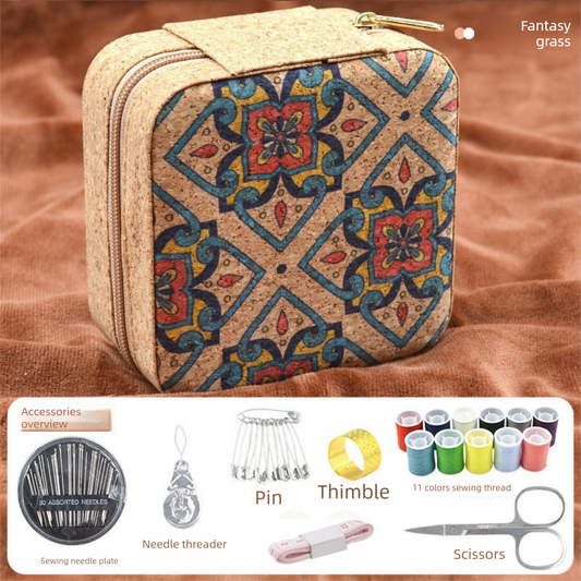 Brown Fantasy Grass Portable Sewing Kit â Compact Travel Set with Needles, Thread, Scissors, Thimble, and Pin Cushion for Home, Dorm, or Emergency Repairs.