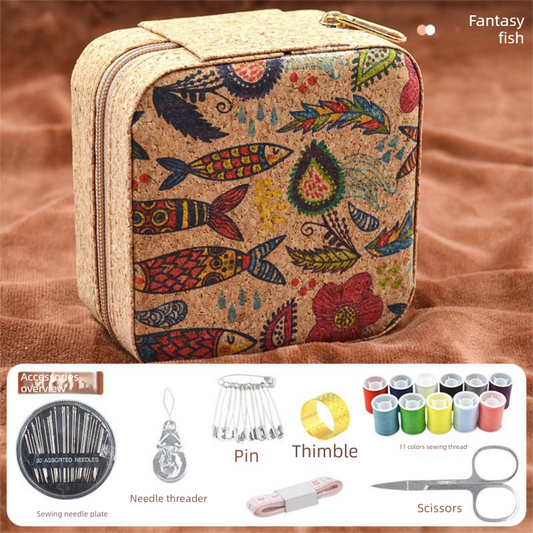 Brown Fantasy Fish Collection Portable Sewing Kit â Compact Travel Set with Needles, Thread, Scissors, Thimble, and Pin Cushion for Home, Dorm, or Emergency Repairs.