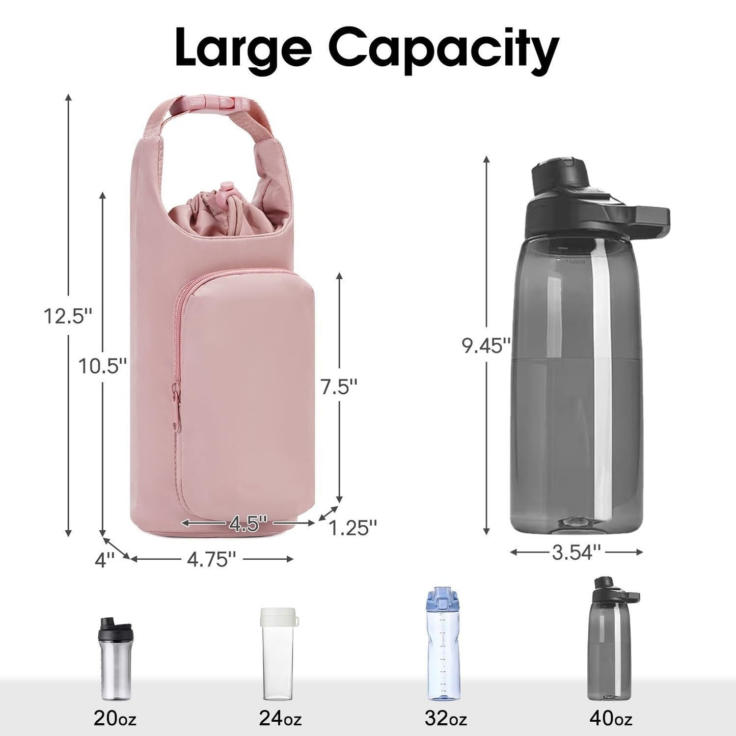Black Insulated Water Bottle Carrier with Shoulder Strap – Portable Sleeve for Large Bottles, Featuring Front Pocket and Key Hook