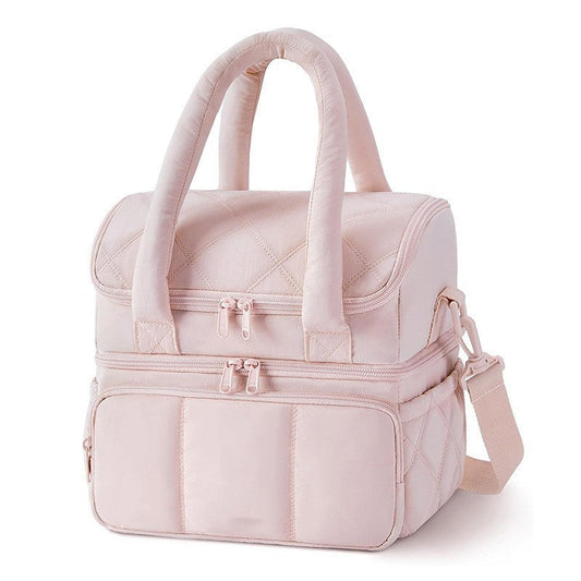 Pink Double-Layer Insulated Lunch Bag â Quilted Design with Top and Bottom Compartments, Shoulder Strap, and Smooth Two-Way Zippers.