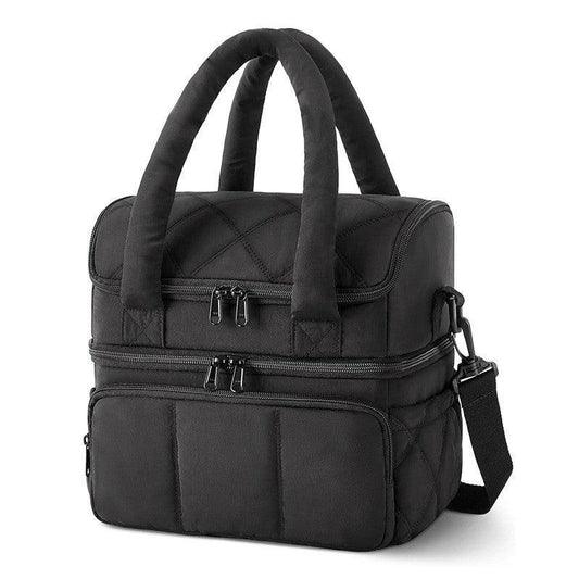Black Double-Layer Insulated Lunch Bag â Quilted Design with Top and Bottom Compartments, Shoulder Strap, and Smooth Two-Way Zippers.