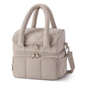 Camel Double-Layer Insulated Lunch Bag â Quilted Design with Top and Bottom Compartments, Shoulder Strap, and Smooth Two-Way Zippers.