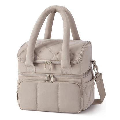 Camel Double-Layer Insulated Lunch Bag â Quilted Design with Top and Bottom Compartments, Shoulder Strap, and Smooth Two-Way Zippers.