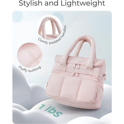 Camel Double-Layer Insulated Lunch Bag â Quilted Design with Top and Bottom Compartments, Shoulder Strap, and Smooth Two-Way Zippers.