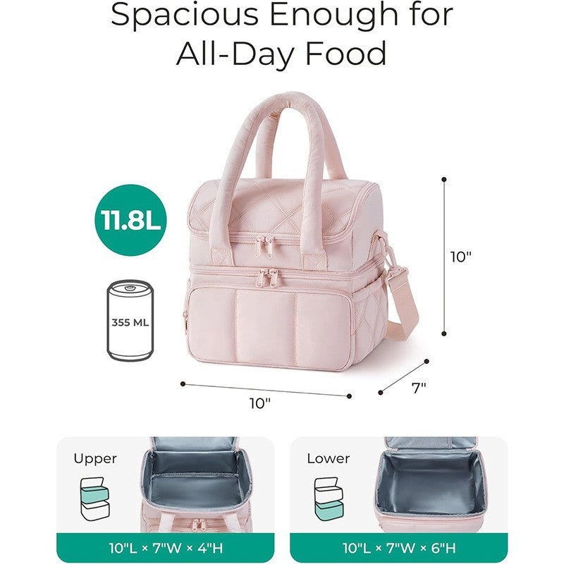 Camel Double-Layer Insulated Lunch Bag â Quilted Design with Top and Bottom Compartments, Shoulder Strap, and Smooth Two-Way Zippers.