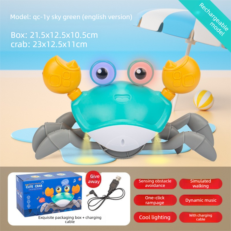 Electric Induction Crawling Crab Baby Toy Interactive Obstacle Avoidance Moving Pet with Music & Light USB Rechargeable Tummy Time Gift Sky Green.