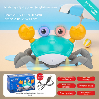 Electric Induction Crawling Crab Baby Toy Interactive Obstacle Avoidance Moving Pet with Music & Light USB Rechargeable Tummy Time Gift Sky Green.