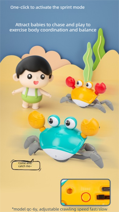 Electric Induction Crawling Crab Baby Toy Interactive Obstacle Avoidance Moving Pet with Music & Light USB Rechargeable Tummy Time Gift Sky Green.
