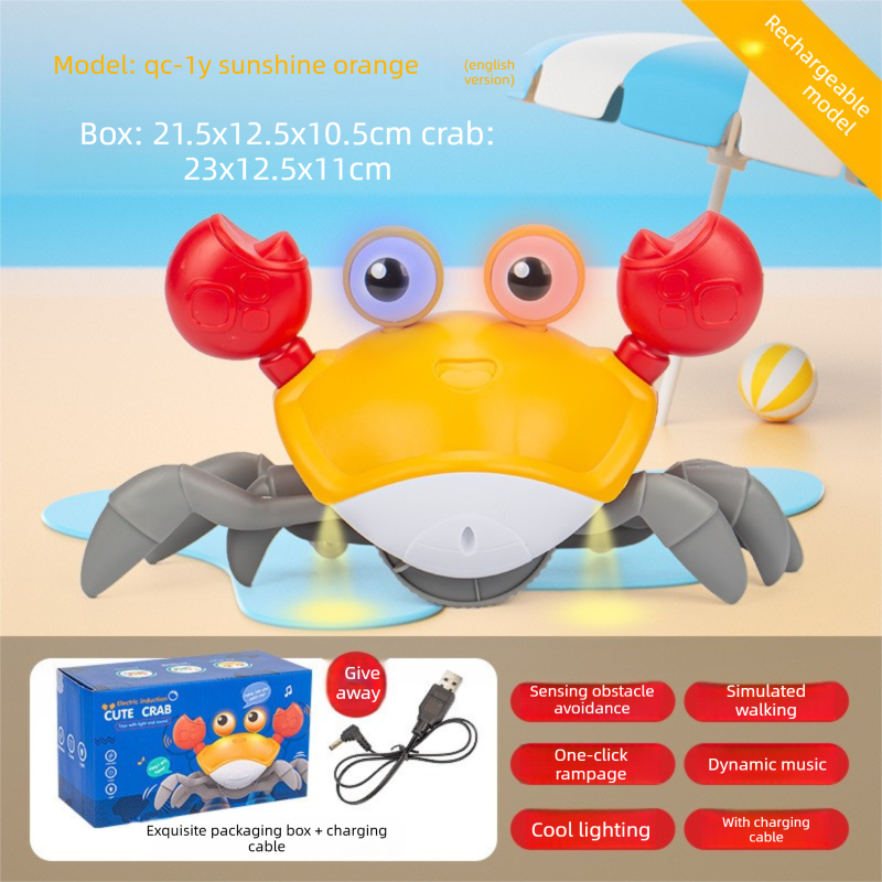 Electric Induction Crawling Crab Baby Toy Interactive Obstacle Avoidance Moving Pet with Music & Light USB Rechargeable Tummy Time Gift Sun Orange.