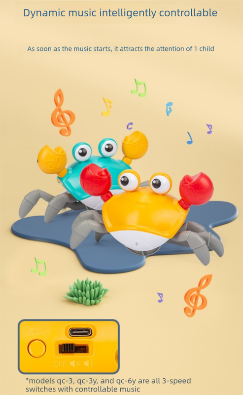 Electric Induction Crawling Crab Baby Toy Interactive Obstacle Avoidance Moving Pet with Music & Light USB Rechargeable Tummy Time Gift Sun Orange.
