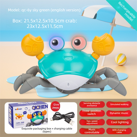 Upgraded Induction Crawling Crab Baby Toy with Silent Mode & Speed Control USB-C Rechargeable Obstacle Avoidance Tummy Time Pet Sky Green.