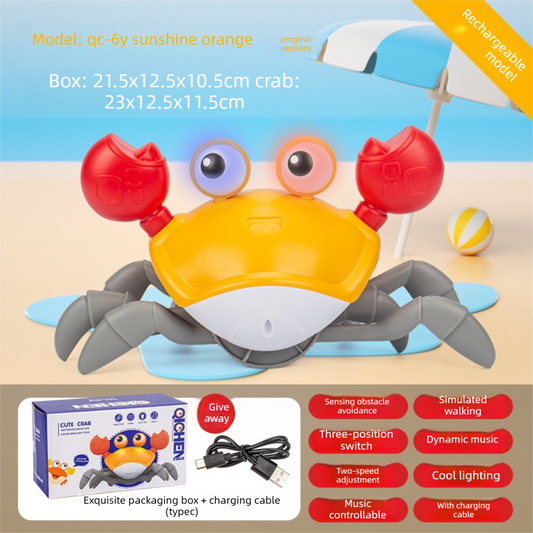 Upgraded Induction Crawling Crab Baby Toy with Silent Mode & Speed Control USB-C Rechargeable Obstacle Avoidance Tummy Time Pet Sun Orange.