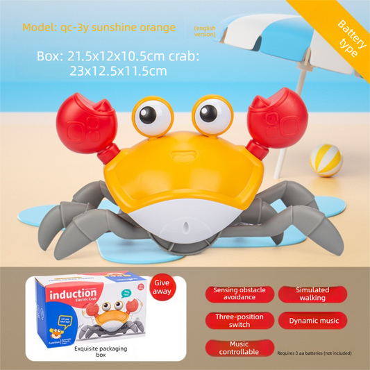 Electric Induction Crawling Crab Baby Toy Battery Operated with Silent Mode Music Off Switch Obstacle Avoidance Tummy Time Gift Sun Orange.