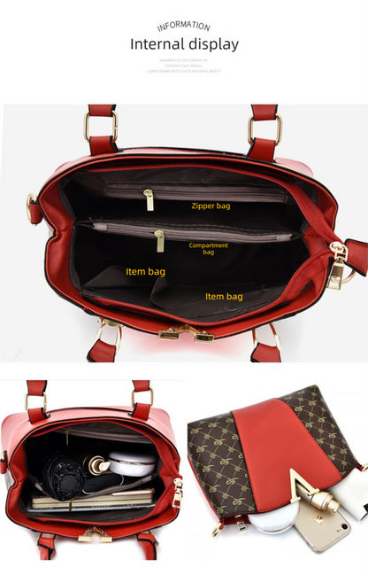 2 PCS Women's Handbag Set PU Leather Tote & Crossbody Purse Fashion Splicing Design Red
