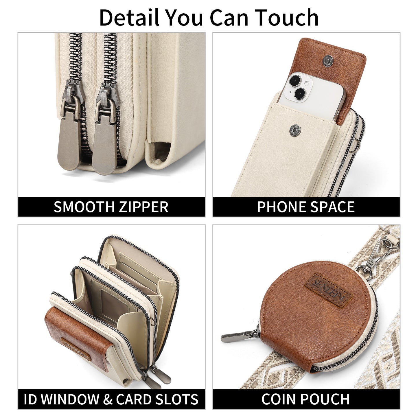 Women's Crossbody Phone Bag with Coin Pouch PU Leather Shoulder Purse Adjustable Wide Strap for Travel & Daily Use Brown