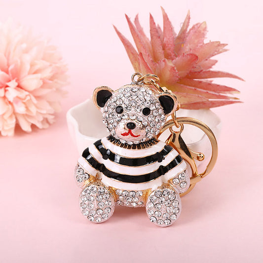 Black Stripe Crystal Bear Keychain Sparkly Rhinestone Bag Charm Cute Alloy Keyring Gift.