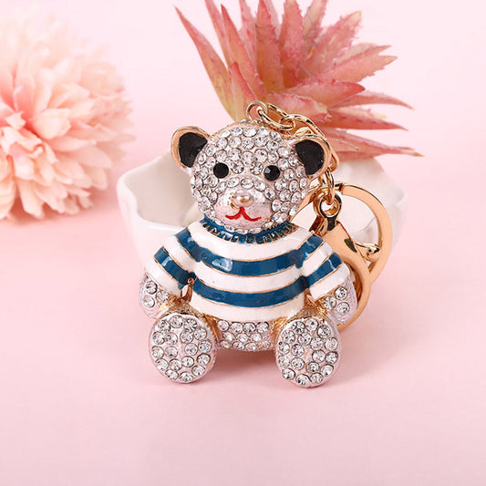 Blue Stripe Crystal Bear Keychain Sparkly Rhinestone Bag Charm Cute Alloy Keyring Gift.