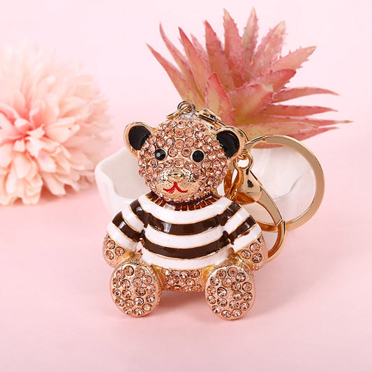 Peach Stripe Crystal Bear Keychain Sparkly Rhinestone Bag Charm Cute Alloy Keyring Gift.