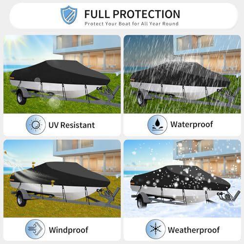16-18ft Waterproof Boat Cover Trailerable V-Hull Runabout UV Resistant Marine Grade Storage Tarpaulin with Straps (Black, 570cm x 300cm).