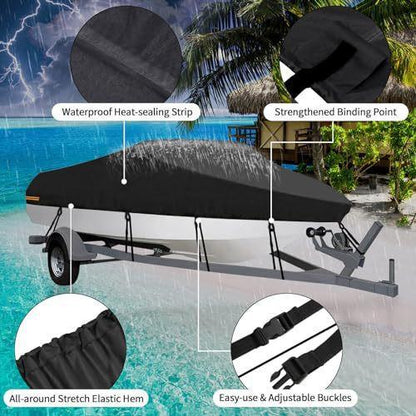 20-22ft Waterproof Boat Cover Trailerable V-Hull Runabout UV Resistant Marine Grade Storage Tarpaulin with Straps (Black, 700cm x 320cm).