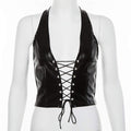 Women's Faux Leather Halter Crop Top Sexy Lace Up Deep V Camisole Gothic Punk Rave Festival Clubwear (Black, Size S)