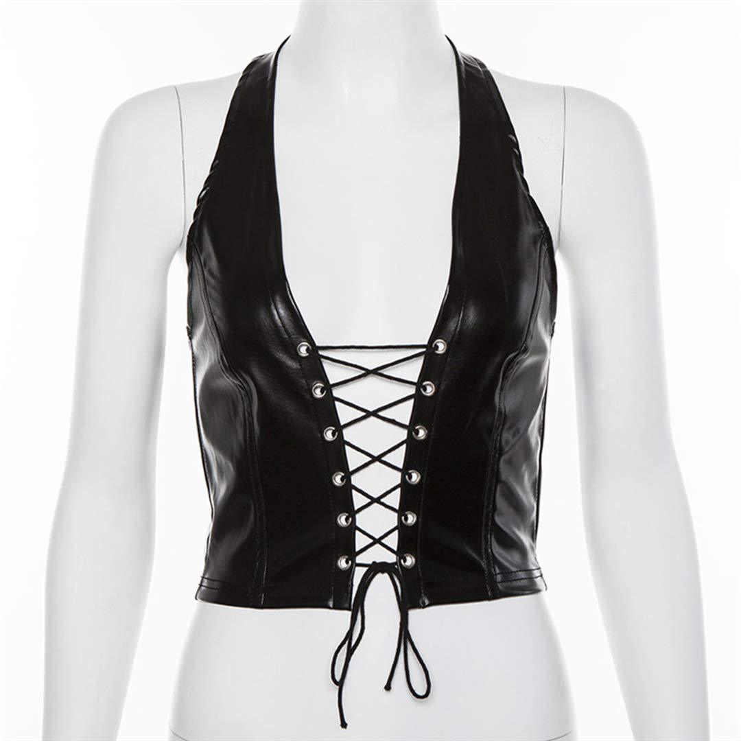 Women's Faux Leather Halter Crop Top Sexy Lace Up Deep V Camisole Gothic Punk Rave Festival Clubwear (Black, Size S)