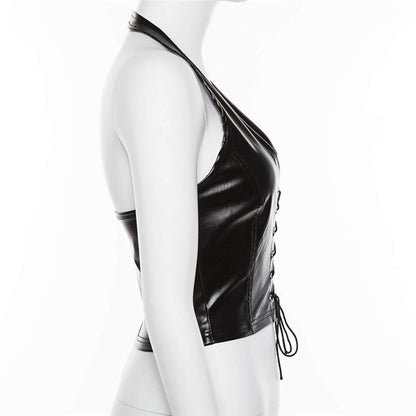 Women's Faux Leather Halter Crop Top Sexy Lace Up Deep V Camisole Gothic Punk Rave Festival Clubwear (Black, Size S)