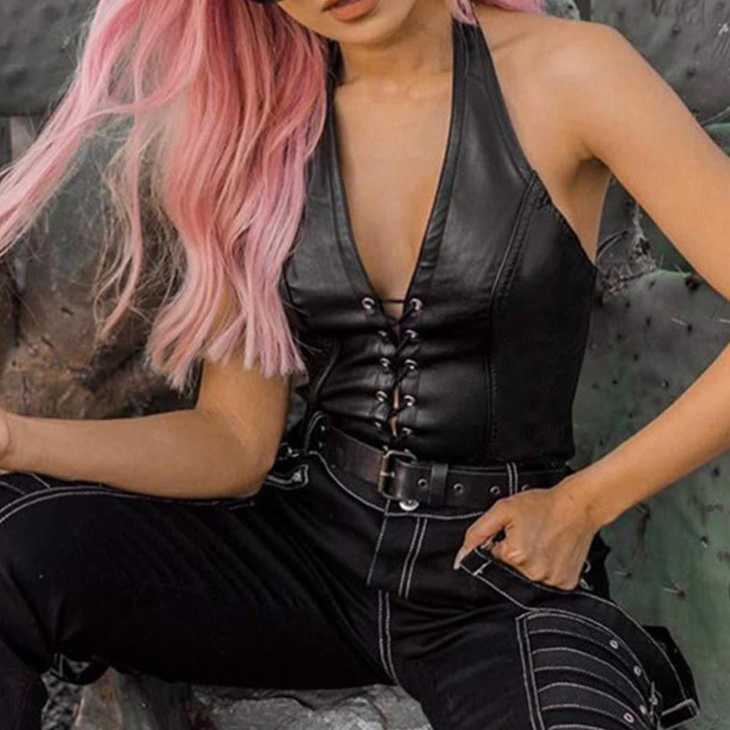 Women's Faux Leather Halter Crop Top Sexy Lace Up Deep V Camisole Gothic Punk Rave Festival Clubwear (Black, Size S)