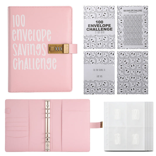 100 Envelope Savings Challenge Binder with Password Lock A5 Cash Stuffing Budget Planner Book Money Organizer for Couples (Pink).