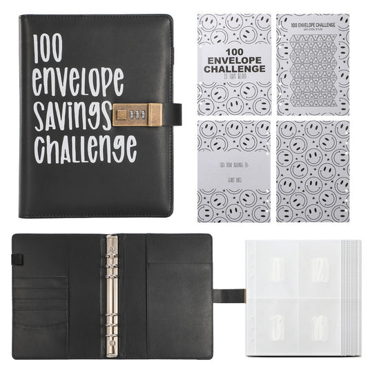 100 Envelope Savings Challenge Binder with Password Lock A5 Cash Stuffing Budget Planner Book Money Organizer for Couples (Black).