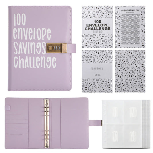 100 Envelope Savings Challenge Binder with Password Lock A5 Cash Stuffing Budget Planner Book Money Organizer for Couples (Purple).