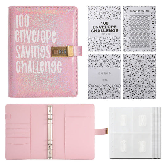 100 Envelope Savings Challenge Binder with Password Lock Holographic Pink A5 Cash Stuffing Budget Planner Book Money Organiser for Couples (Glitter Pink).