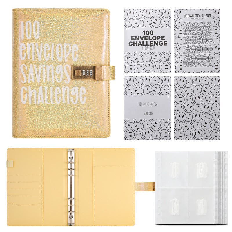 100 Envelope Savings Challenge Binder with Password Lock Holographic Yellow A5 Cash Stuffing Budget Planner Book Money Organiser for Couples (Glitter Yellow).