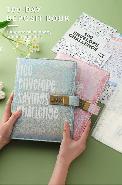 100 Envelope Savings Challenge Binder with Password Lock Holographic Yellow A5 Cash Stuffing Budget Planner Book Money Organiser for Couples (Glitter Yellow).