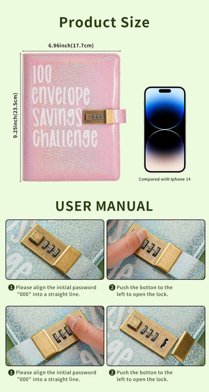 100 Envelope Savings Challenge Binder with Password Lock Holographic Yellow A5 Cash Stuffing Budget Planner Book Money Organiser for Couples (Glitter Yellow).