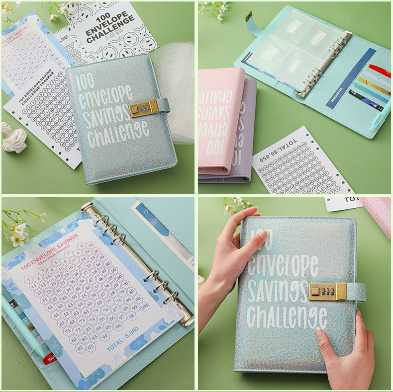100 Envelope Savings Challenge Binder with Password Lock Holographic Yellow A5 Cash Stuffing Budget Planner Book Money Organiser for Couples (Glitter Yellow).