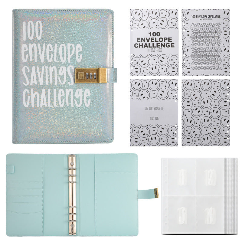 100 Envelope Savings Challenge Binder with Password Lock Holographic Blue A5 Cash Stuffing Budget Planner Book Money Organiser for Couples (Glitter Blue).