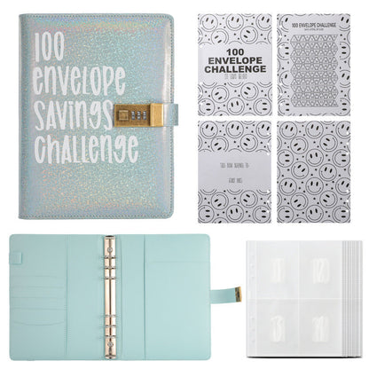 100 Envelope Savings Challenge Binder with Password Lock Holographic Blue A5 Cash Stuffing Budget Planner Book Money Organiser for Couples (Glitter Blue).