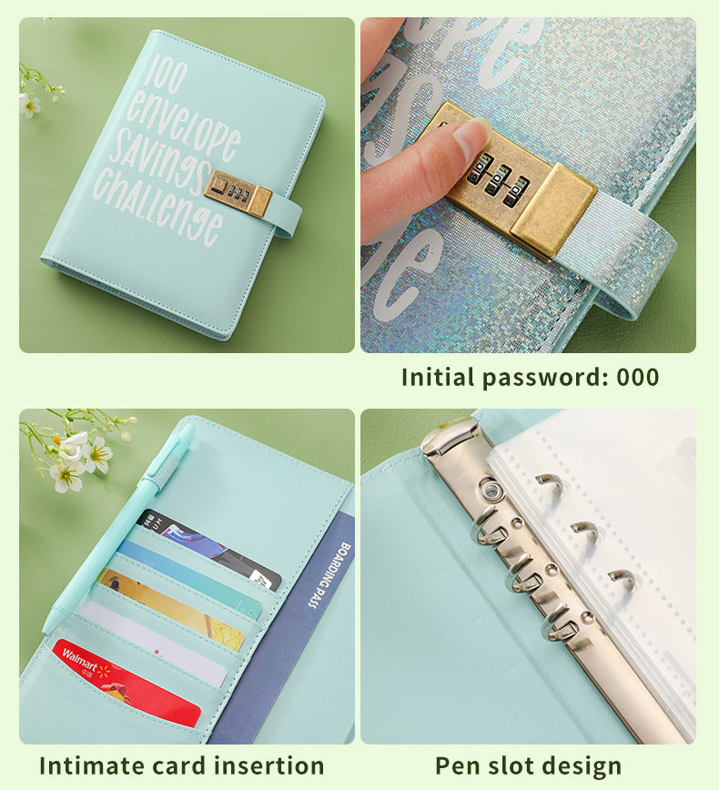 100 Envelope Savings Challenge Binder with Password Lock Holographic Blue A5 Cash Stuffing Budget Planner Book Money Organiser for Couples (Glitter Blue).