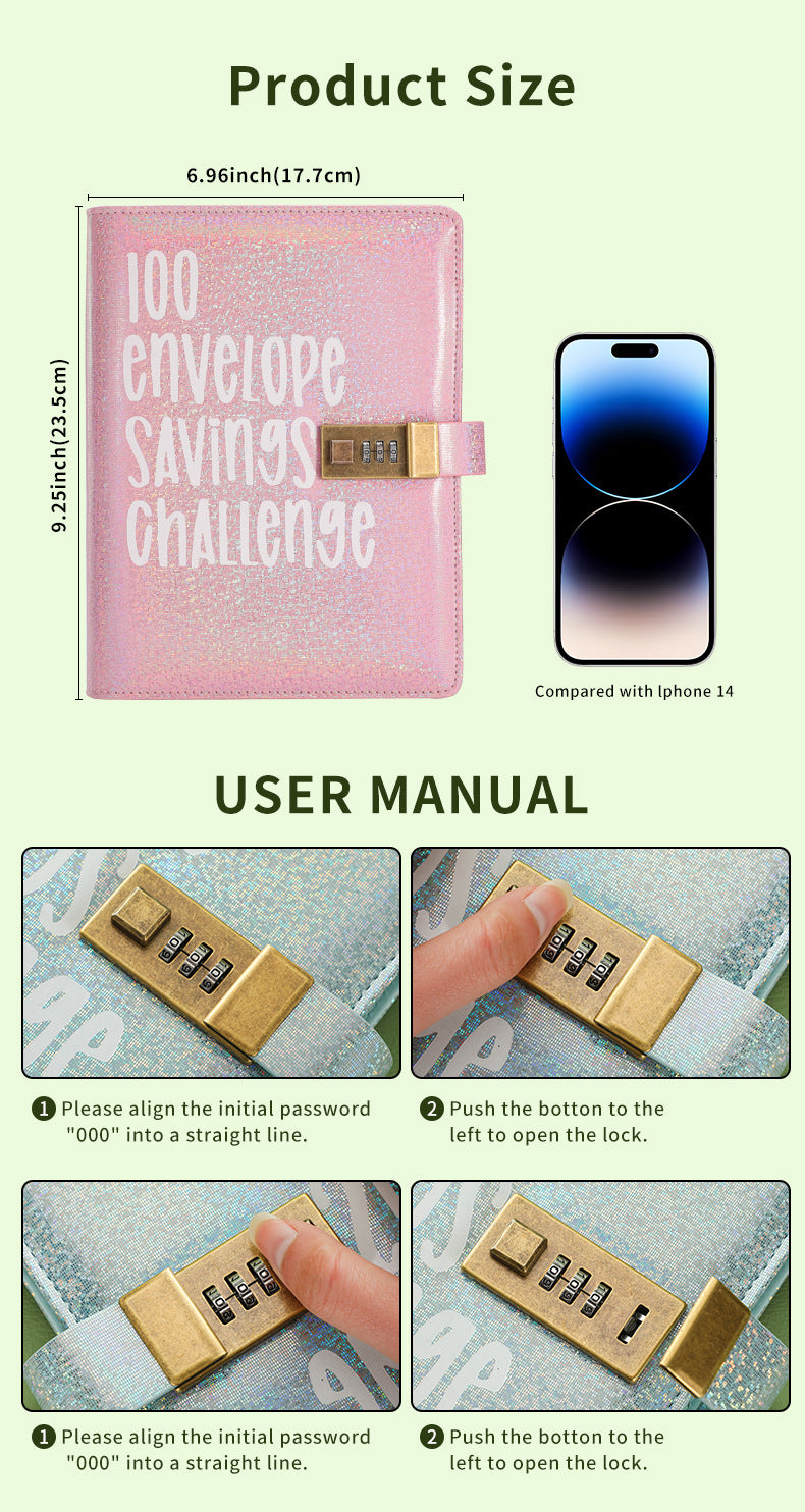 100 Envelope Savings Challenge Binder with Password Lock Holographic Blue A5 Cash Stuffing Budget Planner Book Money Organiser for Couples (Glitter Blue).