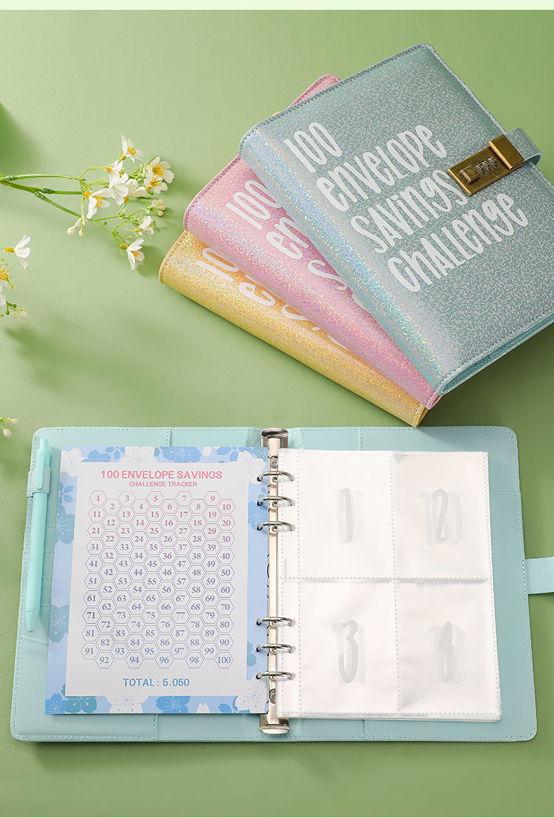100 Envelope Savings Challenge Binder with Password Lock Holographic Blue A5 Cash Stuffing Budget Planner Book Money Organiser for Couples (Glitter Blue).