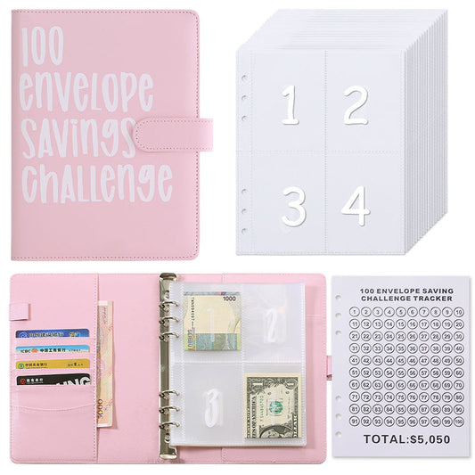 100 Envelope Savings Challenge Binder A5 Budget Planner Book PU Leather Cash Stuffing Money Organiser with Magnetic Closure & Tracker (Pink).